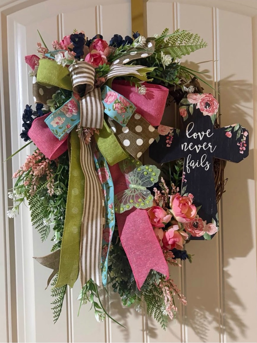Large 30” "Love Never Fails" Floral Teardrop Door Swag